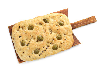Delicious focaccia bread with olives, salt and thyme isolated on white, top view