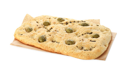 Delicious focaccia bread with olives, salt and thyme isolated on white