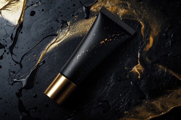 Top view package beauty cosmetic tubes black gold, sripes splash premium mockup