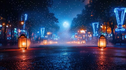 Magical Winter Night City Street Scene