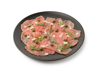Delicious beef carpaccio with arugula, capers and cheese isolated on white