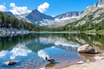 Picturesque view of Longs Peak and Glacier Gorge mirrored in Bear Lake’s still waters, capturing the beauty of a peaceful summer morning in Rocky Mountain National Park.
