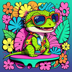 Obraz premium cute gecko lizard in sunglasses sits on a skateboard with flowers. vector illustration