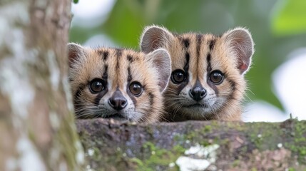 Two adorable baby ocelots peeking from a tree, rainforest background, wildlife photography