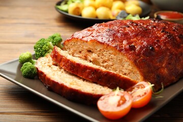 Delicious turkey meatloaf with vegetables on wooden table, closeup