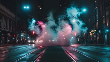 Obraz premium City street night, steam, traffic, lights, urban. Website banner