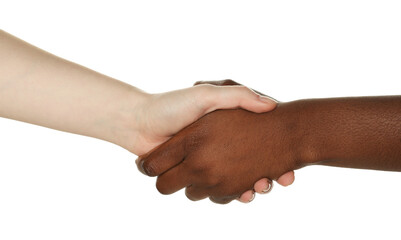 Stop racism. People of different skin colors shaking hands on white background, closeup