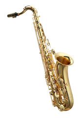 Jazz. One beautiful saxophone isolated on white