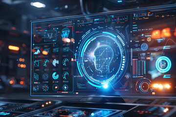 Obraz premium Futuristic AI display showing visual of digital head showing complex data analysis and processing information.