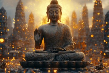 Buddha statue, serene pose, temple ruins, sunset, spiritual peace