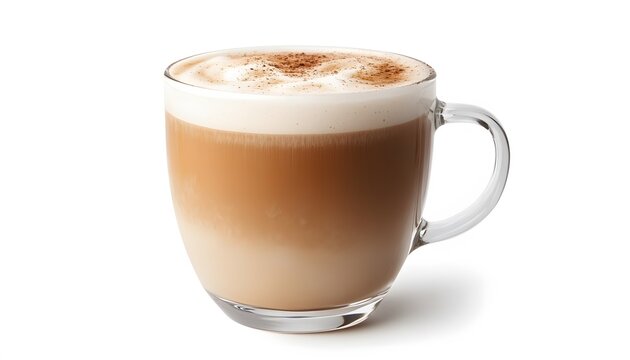 A delicious latte in a clear glass mug