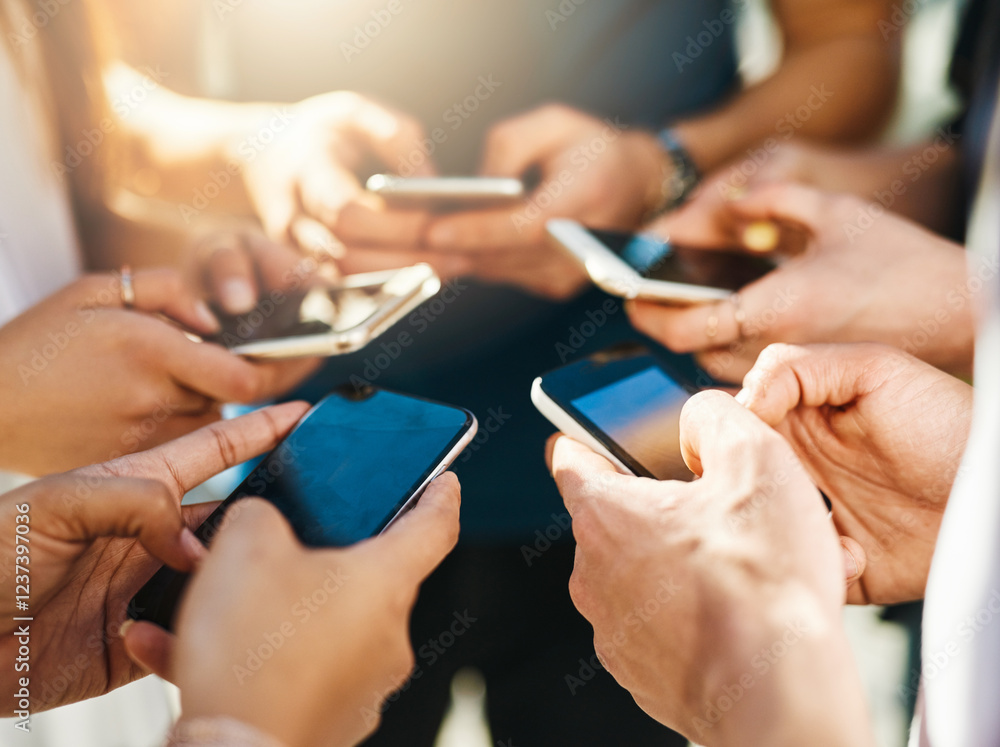 Aufkleber people, hands and texting with phone screen for network, communication or data sync together. closeu