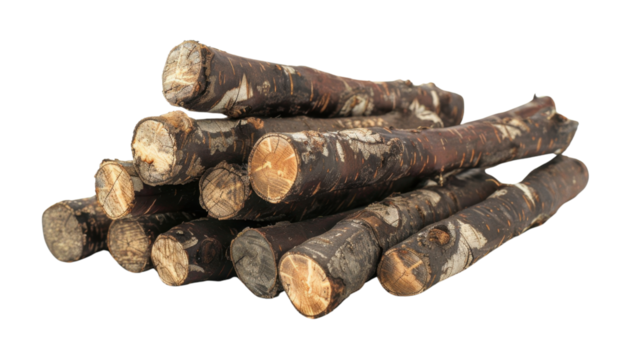 Pile of thin birch logs isolated on transparent background