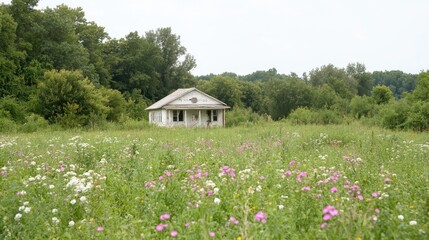 Abandoned house, wildflowers, forest background; rural landscape for design