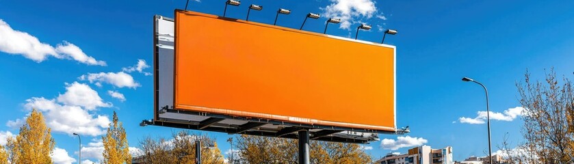A large, empty orange billboard stands against a clear blue sky, surrounded by trees and urban elements, ready for advertising or promotional content.