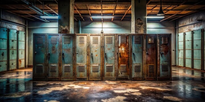 Abandoned metal lockers stand alone in a dimly lit empty school hallway surrounded by peeling paint and worn-out flooring, abandoned, metal lockers