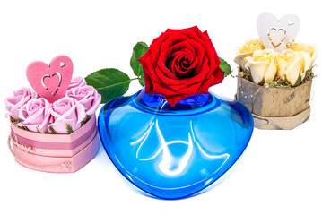 Romantic Rose Display with Blue Glass Heart
