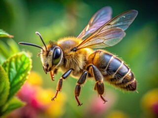 A honeybee in flight:  macro photography reveals the beauty and importance of this pollinating insect.