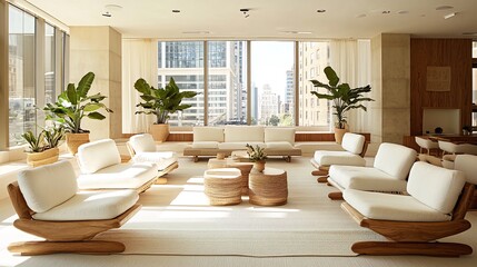 Fototapeta premium Tranquil city view lounge; relaxing space; sunlight; modern furniture