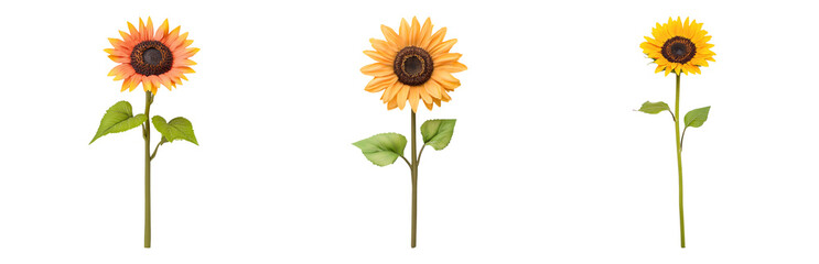 Obraz premium Three Sunflowers with Leaves Isolated on transparent background