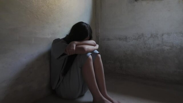 Young depressed woman in trouble pulling her face with hands and crying sitting on floor. Slow motion shot