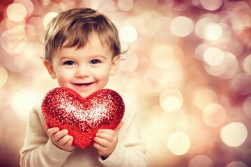 Ð¡hildren valentine's day greeting card: toddler boy with happy face holds red heart in hands. Commercial ad visual idea. Sign of love. Advertising valentine's kid themes. Red heart kids' love.