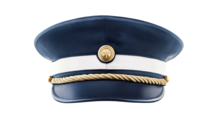 Blue peaked cap with gold insignia and rope decoration on transparent background