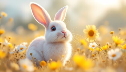 Adorable White Bunny in Sunny Flower Field