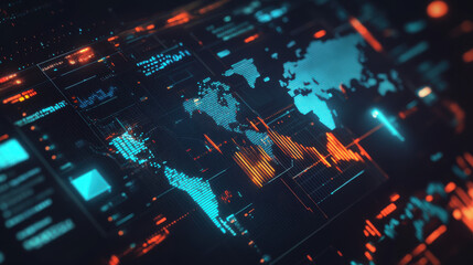Obraz premium Futuristic global financial market data visualization with digital analytics, economic trends, and stock exchange statistics in a high-tech cyber interface