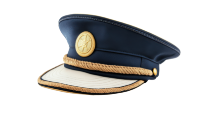 Navy blue peaked cap with gold insignia isolated on transparent background