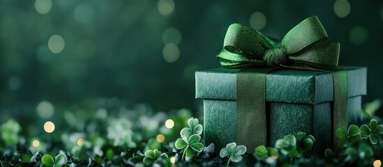 Green gift box clover bokeh background