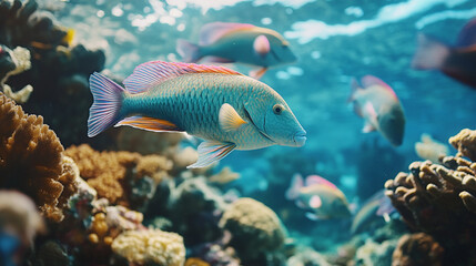 Obraz premium A vivid underwater shot of a group of parrotfish grazing on coral