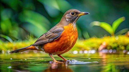 Brazilian wildlife: Red-bellied thrush cools off in a river. A captivating image of this iconic bird.