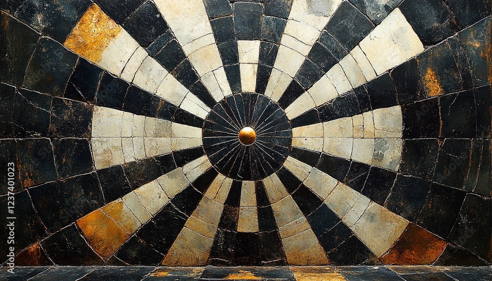 Poster circular stone tile mosaic floor with target design and empty room