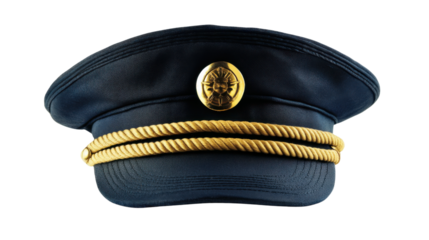 Blue captain hat with gold rope and insignia isolated on transparent background