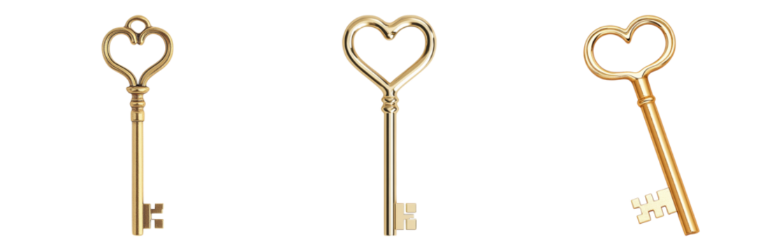 Heart-Shaped Keys for Romantic Themes Isolated on transparent background