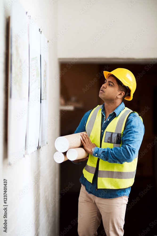 Poster man, engineer and reading document for construction of architecture, floor plan and project sketch. 