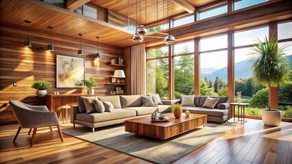 Fototapeta premium A 3D rendered tilt-shift image: a bright, contemporary wooden living room bathed in natural light from expansive windows.