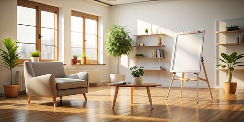 A calming, white minimalist space; chair, whiteboard, charming tilt-shift 3D render.
