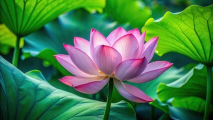 Obraz premium Close-up shot of a single lotus flower with large green leaves unfolding its petals, revealing intricate details and delicate beauty , texture, green leaves