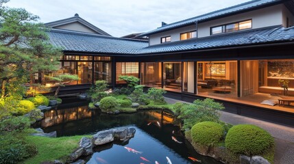 Obraz premium Serene Japanese Garden Courtyard at Dusk
