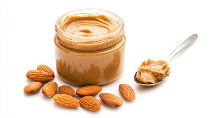Creamy almond butter in jar with scattered almonds and spoon on white background