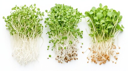 Fresh microgreens trio: healthy sprouts of mustard, radish, and broccoli on white background