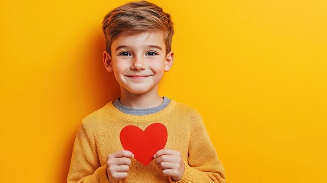 Portrait of kid boy holding paper heart over yellow background. Love and valentine day and gratitude concept