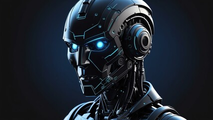 black themed robot head bust blueprint science fiction background