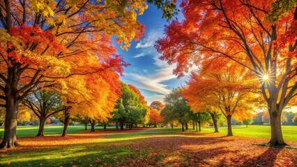 Naklejka premium Vibrant autumn foliage in a serene park setting with trees displaying a kaleidoscope of warm colors against a clear blue sky , park landscape, scenic view