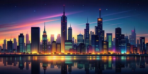 Obraz premium A dark background with high contrast colors featuring a stylized cityscape at dusk