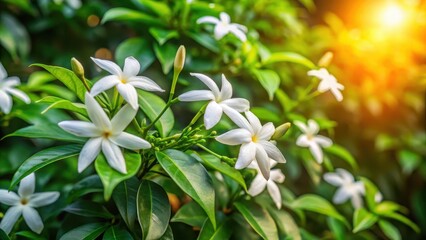Obraz premium Exotic Indian star jasmine flowers in a lush green forest, tropical, flower, tropical