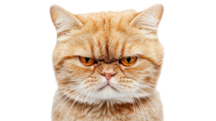 Portrait of grumpy ginger persian cat with transparent background