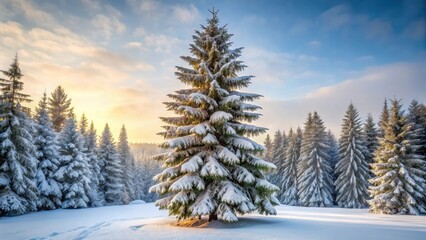 Naklejka premium A majestic fir tree stands tall in a thick blanket of fresh snowflakes, its branches gently swaying in the quiet forest atmosphere, snow, winter landscape